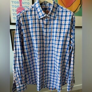 Robert Graham Spread Collared Shirt L/S Bold Plaid Check Blue/White/Orange 2XL